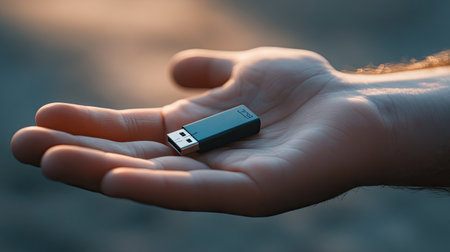 A modern USB flash drive resting securely in an outstretched hand, symbolizing portable technology.の素材