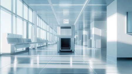 A minimalist setup of an airport X-ray machine, with a bright and clean surrounding environment.の素材