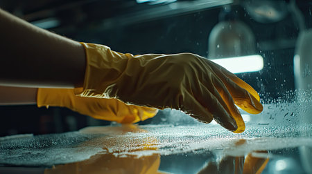 A pair of hands in rubber gloves cleaning a glass surface with a rag and spray bottle, leaving streak-free results.の素材