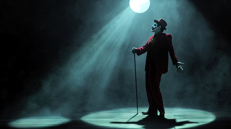 A Joker-like entertainer performing a monologue on a theater stage, illuminated by a single spotlight and holding a cane.の素材
