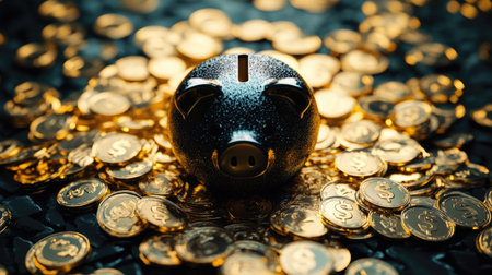 A piggy bank surrounded by golden dollar coins, emphasizing the concept of saving and financial growth.の素材