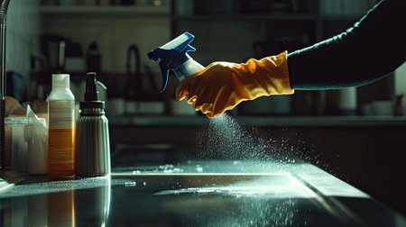A person with gloves spraying cleaning solution onto a stainless-steel surface before wiping it clean with a rag.の素材
