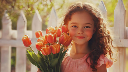 A joyful girl holding a bouquet of tulips against the backdrop of a classic white picket fence.の素材