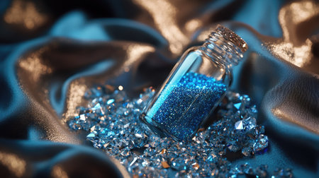 A miniature bottle with blue glitter inside, lying among shimmering diamond fragments on a satin surface.の素材