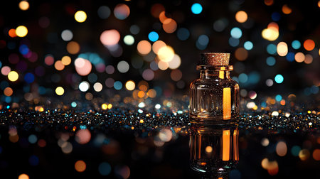 A little bottle lying on a reflective black floor, glitter and rhinestones creating a halo around it.の素材