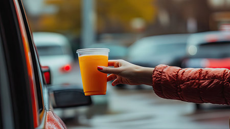 A minimalist photo of a hand extending a drink to a woman seated in her car at a fast-food drive-thru.の素材