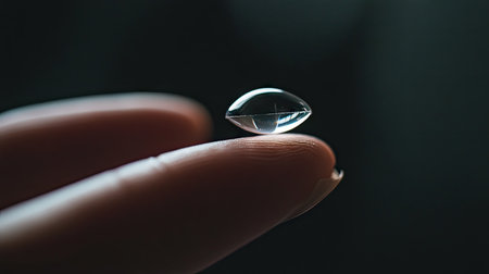 A macro shot of a contact lens gently balanced on a woman's fingertip.の素材