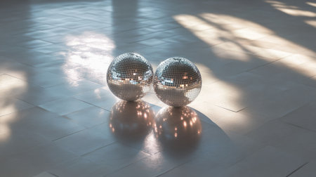 A pair of disco balls reflecting light onto a reflective silver floor, creating a dazzling effect.の素材
