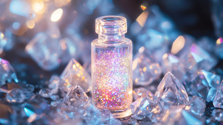 A little bottle with holographic glitter inside, glowing softly, placed among clear diamond-like jewels.の素材