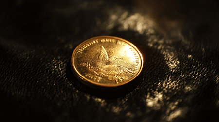 A shiny golden dollar coin resting on a black velvet surface, its intricate details illuminated by soft, focused lighting.の素材