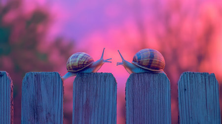 A pair of snails crawling in opposite directions on a wooden fence.の素材