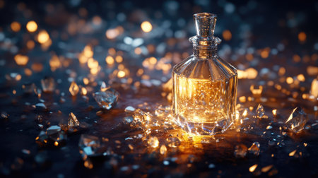 A little glass bottle glowing in soft light, surrounded by scattered, sparkling crystal pieces.の素材