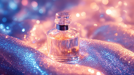 A little bottle resting atop a soft, shimmery fabric, surrounded by glitter and crystals.の素材