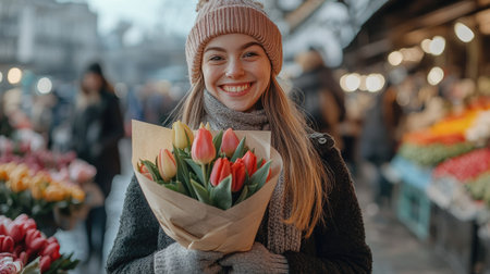 A laughing girl holding a bouquet of tulips wrapped in paper, standing in a flower market.の素材