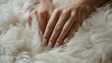 A macro shot of female hands with glitter nail polish, touching a soft, fluffy white fur.の素材
