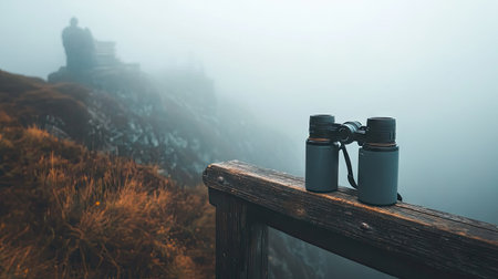 A pair of binoculars resting on a wooden railing at a foggy mountain viewpoint, waiting for an explorer.の素材
