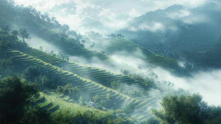 A series of terraced fields cascading down a foggy mountain slope, blending into the misty horizon.の素材