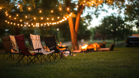 A series of folding camp chairs set up in a backyard for an outdoor gathering under string lights.の素材