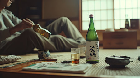 A relaxed moment of someone pouring soju while seated on a cozy Korean-style floor table.の素材