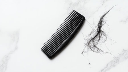 A simple image of a black comb with a few broken hairs resting alongside it on a white background.の素材