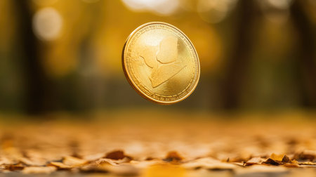 A single golden dollar coin flipping mid-air, captured in sharp detail with a blurred background.の素材