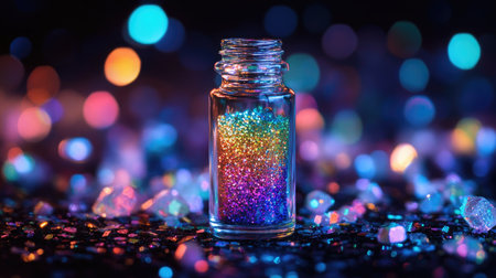A small bottle filled with rainbow glitter, sitting on a dark surface, framed by sparkling stones.の素材