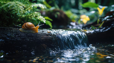 A snail crawling on a wet log near a small stream in a jungle.の素材