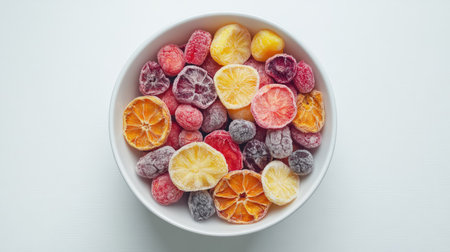 A simple yet elegant arrangement of a bowl filled with freeze-dried fruits, centered on a white canvas.の素材
