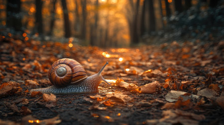A snail leaving a glimmering trail on a forest trail blanketed with fallen leaves.の素材