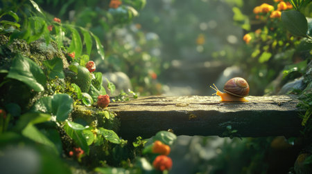 A solitary snail crossing a narrow wooden plank in a lush garden.の素材