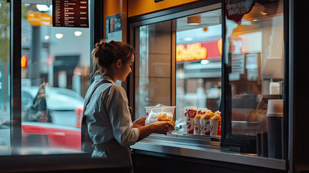 A side view of a woman picking up her fast-food order from the window, with a clear view of the restaurant's branding.の素材