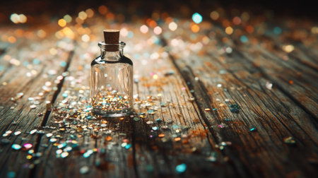 A tiny glass bottle placed on a wooden floor, surrounded by scattered glitter and tiny diamond-like stones.の素材