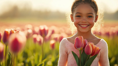 A smiling girl standing in a tulip field, clutching a freshly picked bouquet.の素材