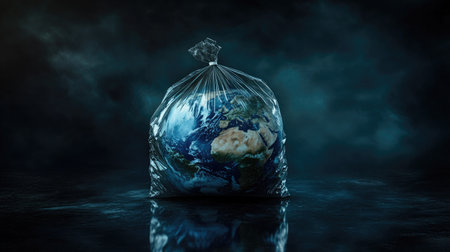 A striking visual of Earth in a plastic bag, symbolizing suffocation and the destructive effects of human activities.の素材