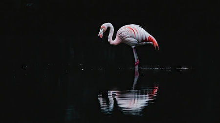A single flamingo reflected in shallow water, its vivid colors contrasting with the black background.の素材
