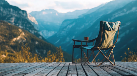 A stylish folding camp chair set up on a wooden deck overlooking a mountain range.の素材