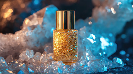 A small bottle with golden glitter inside, lying on a bed of shimmering diamond-like crystals.の素材