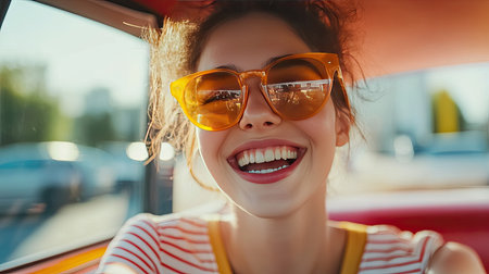 A smiling woman with trendy sunglasses picking up her fast food from a modern drive-thru window.の素材