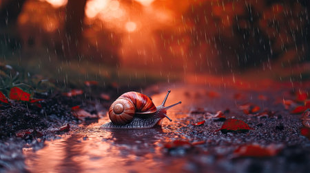 A snail navigating a puddle-covered dirt path under a soft rain.の素材