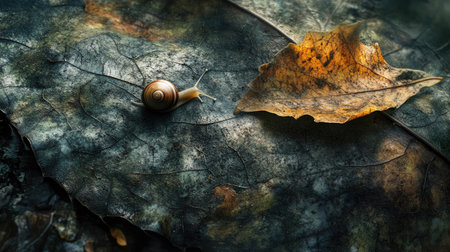A tiny snail crawling on a large fallen leaf on a forest floor.の素材