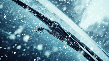 A snowy car windshield being cleaned by wipers, with flakes falling gently in the background.の素材