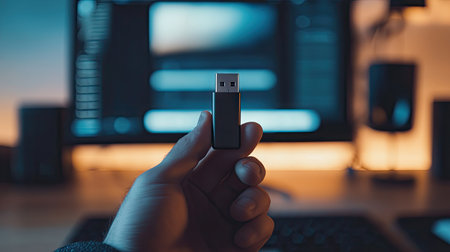 A tech-savvy hand gripping a stylish USB drive, with a workspace blurred in the background.の素材