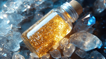 A small bottle with golden glitter inside, lying on a bed of shimmering diamond-like crystals.の素材