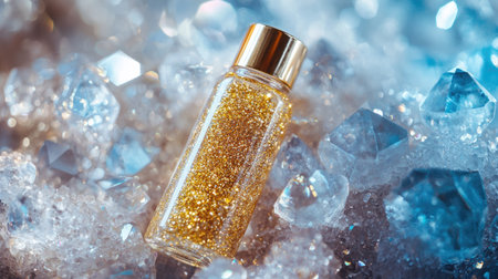 A small bottle with golden glitter inside, lying on a bed of shimmering diamond-like crystals.の素材