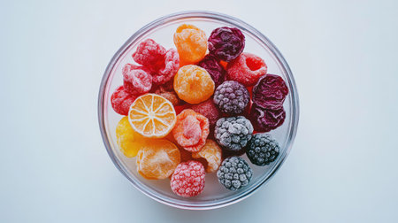 A vibrant selection of freeze-dried fruits in a transparent bowl, creating a splash of color against white.の素材