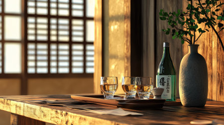 A traditional Korean house setting with soju and glasses being prepared for a meal.の素材