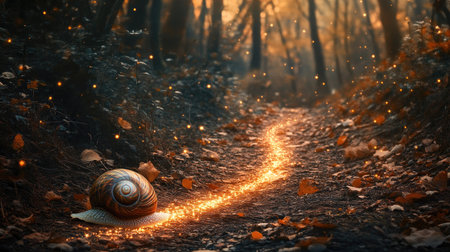 A snail leaving a glimmering trail on a forest trail blanketed with fallen leaves.の素材