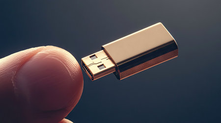 A USB flash drive held between two fingers, with the focus on the metallic connector against a soft gradient.の素材