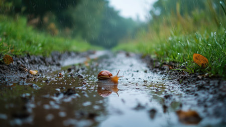 A snail navigating a puddle-covered dirt path under a soft rain.の素材