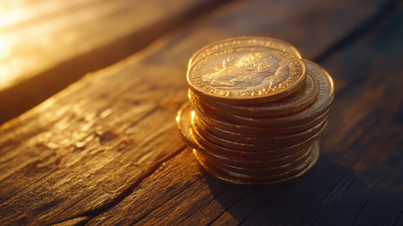A stack of golden dollar coins neatly arranged on a wooden table, glinting under warm light.の素材